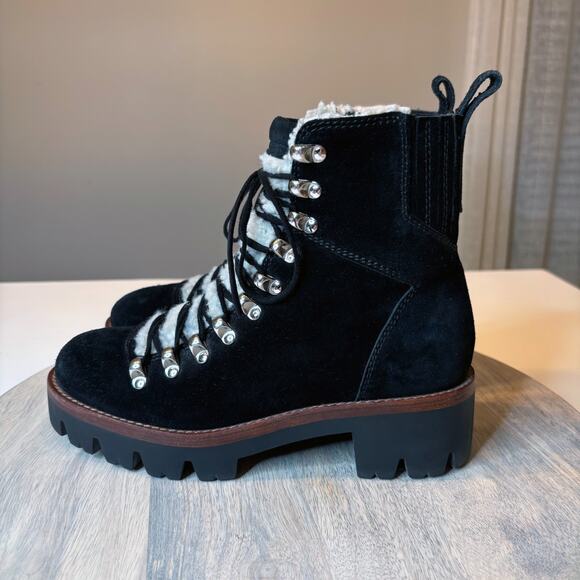 Jeffrey Campbell Black Suede Shearling Lace-Up Lug Sole Boots Women’s Size 7 - Picture 2 of 10
